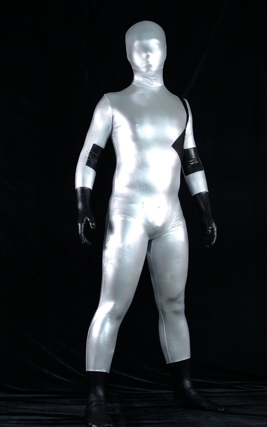 Silver Black Shiny Spandex Zentai Suit